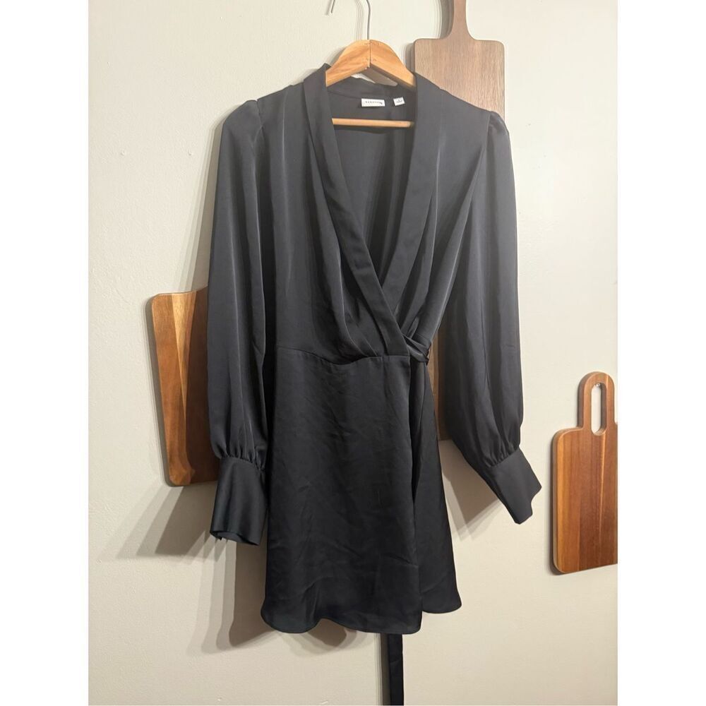 Babaton Black Long Sleeve Hyde Double Satin Wrap Mini Dress Small